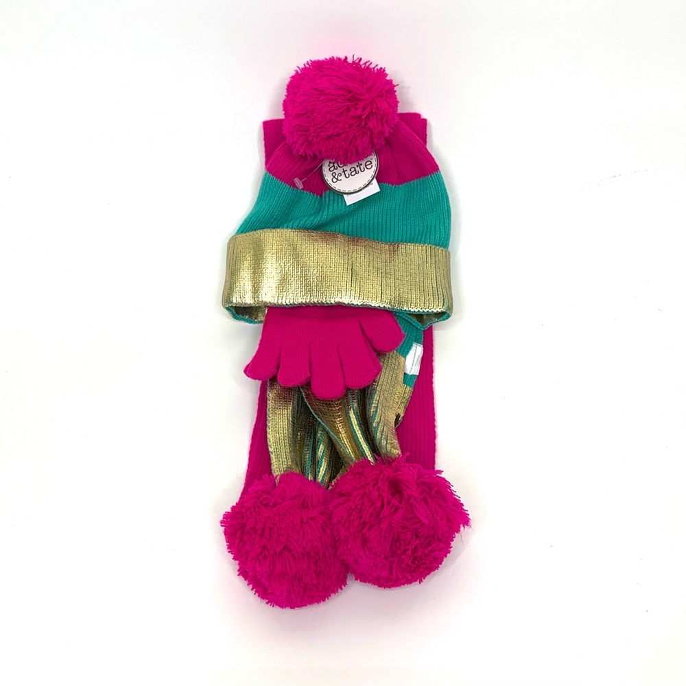 Addie & Tate 3 Piece Winter Hat Mitten & Scarf Set Pom Pom Pink Teal Gold Nwt